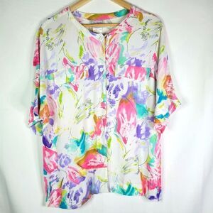 Louben Vintage Colorful Abstract Pattern Short Sleeve Button Down Blouse